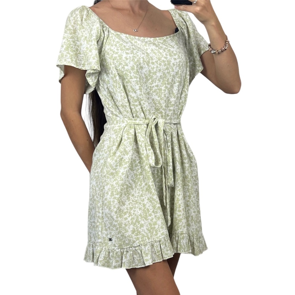 Ghanda Field Mini Dress Green White Floral Back Waist Tie Frill Hem Boho Size M - Picture 2 of 14